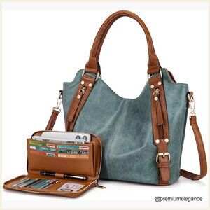 Large Hobo Crossbody Bag Set with Wallet, Vegan Leather, 9 Pockets